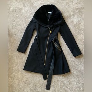 Via Spiga faux fur trim collar belted peacoat